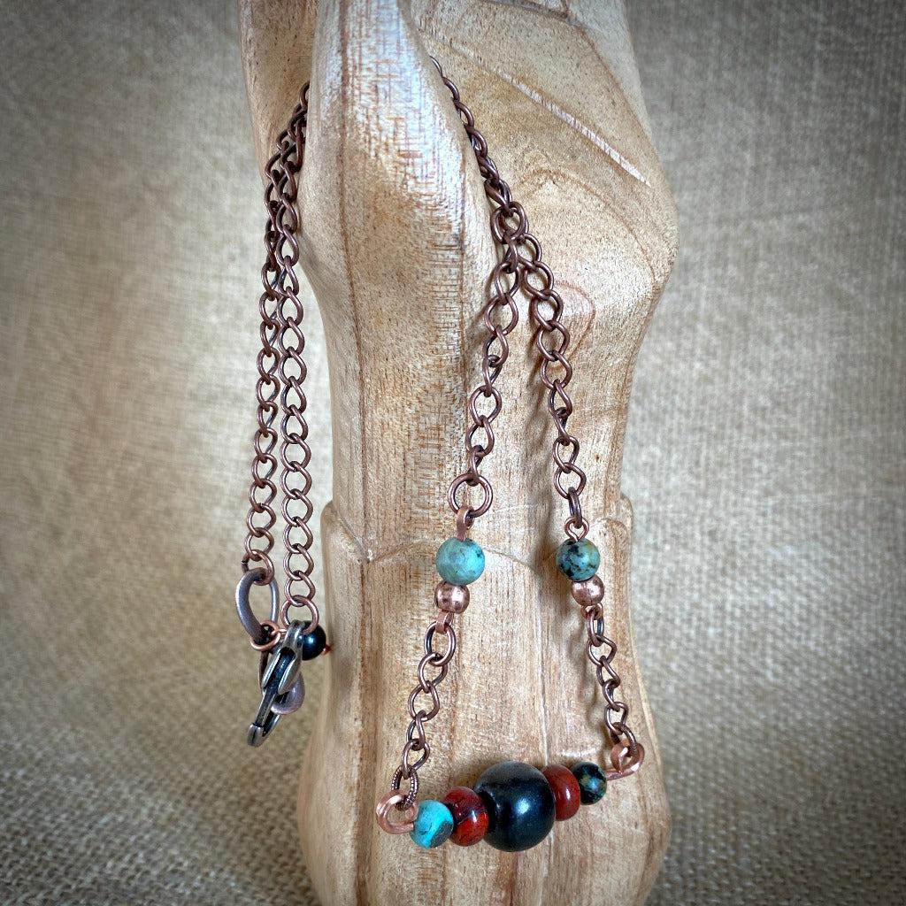 Shungite, Jasper, African Turquoise Necklace, Hammered Copper