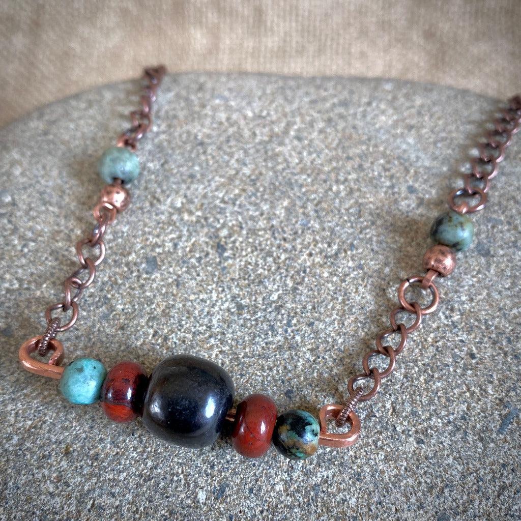 Shungite, Jasper, African Turquoise Necklace, Hammered Copper