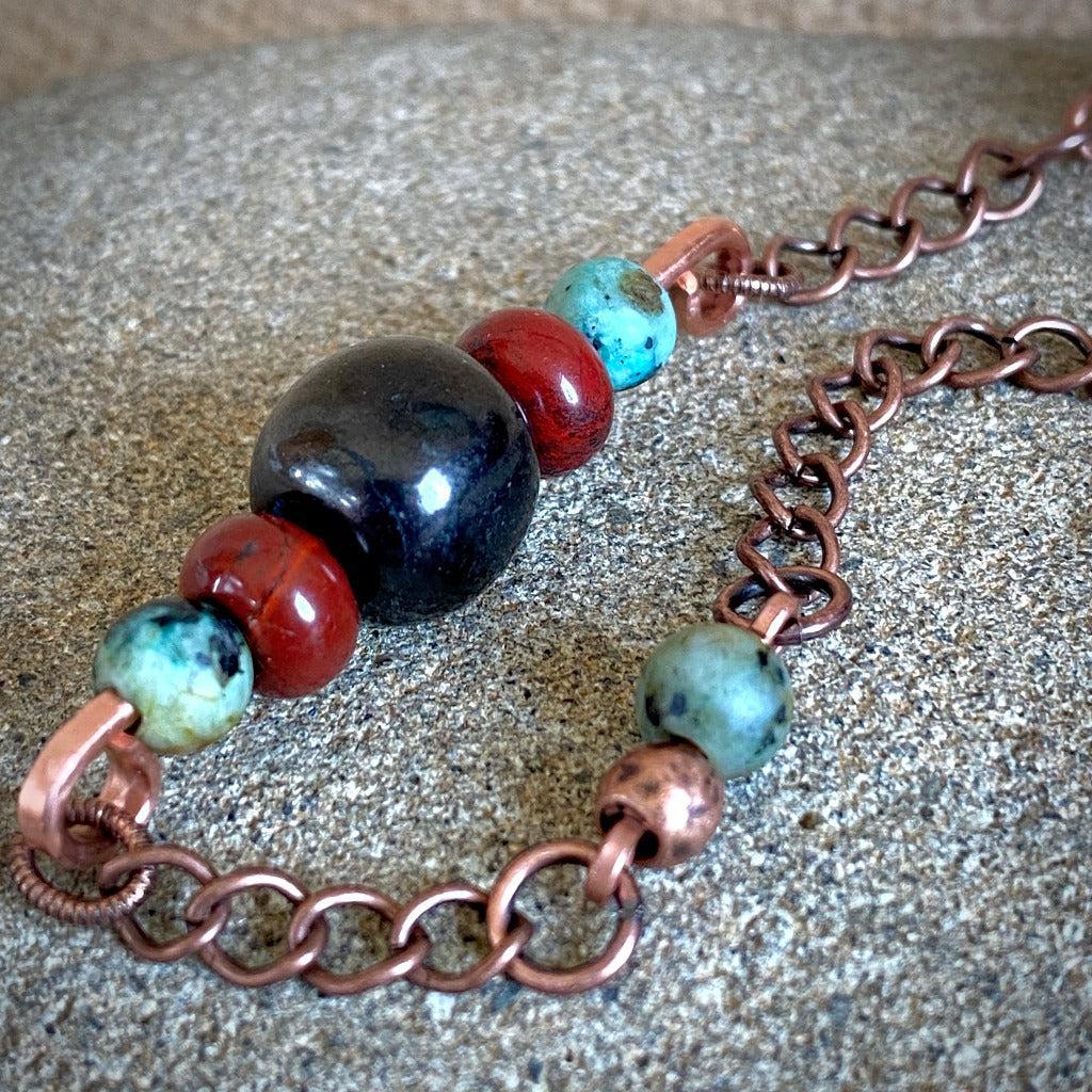 Shungite, Jasper, African Turquoise Necklace, Hammered Copper