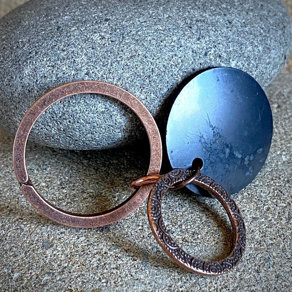 Shungite Keychain, Textured Copper Ring & Shungite Circle