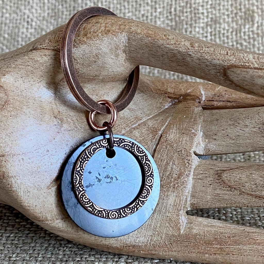 Shungite Keychain, Textured Copper Ring & Shungite Circle