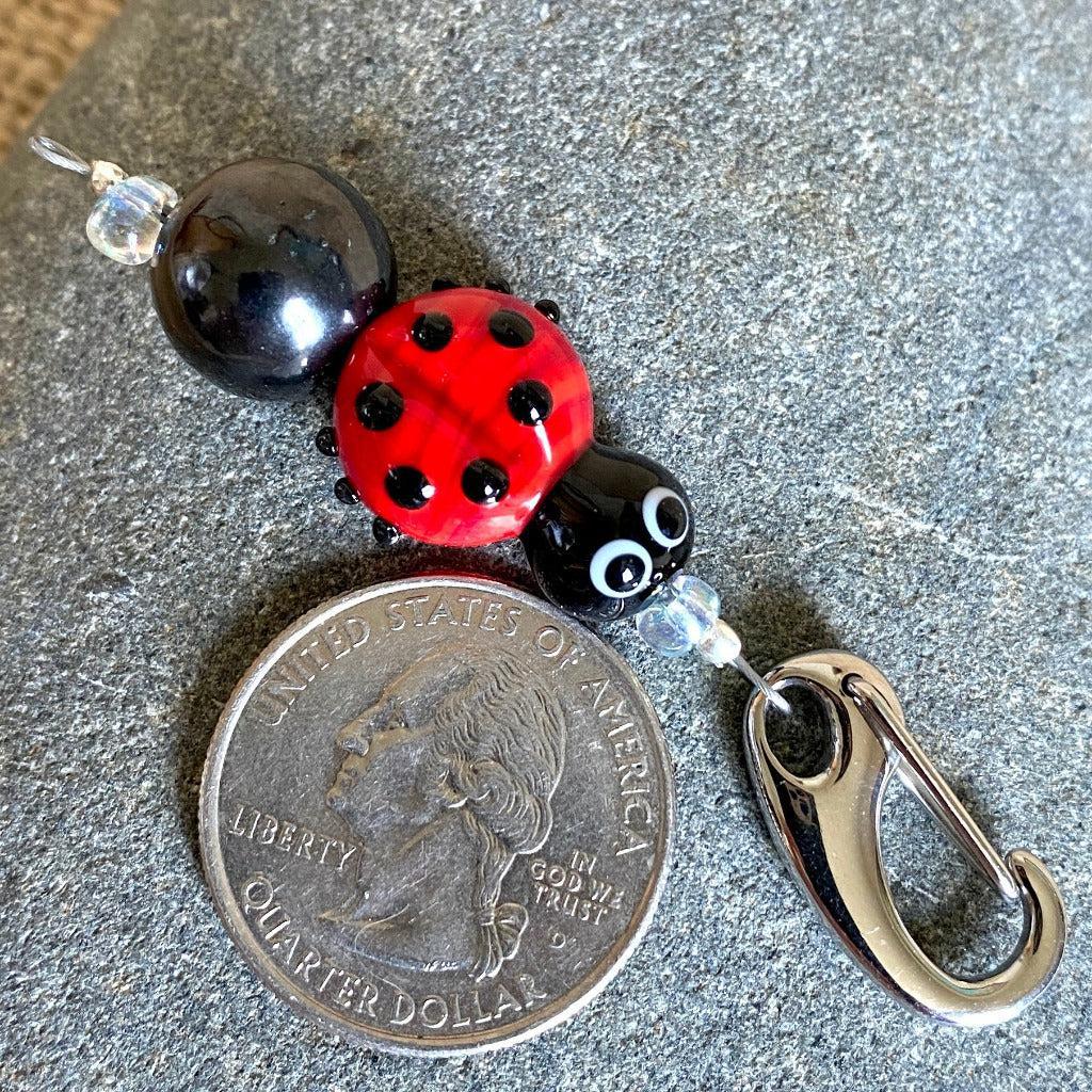 Shungite Ladybug Clip-on Necklace, Artisan Lampwork Glass Bead