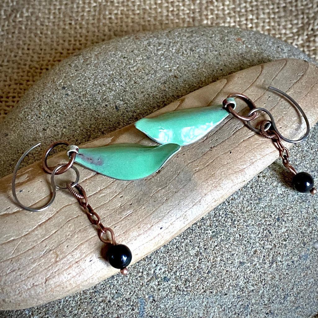 Shungite & Lime Green Willow Leaf Earrings, Hand-Enameled Copper