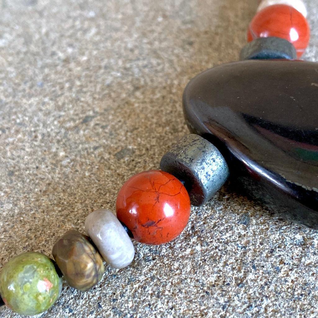 Shungite Medallion Necklace, Pyrite, Jasper, Fossilized Coral, Unakite