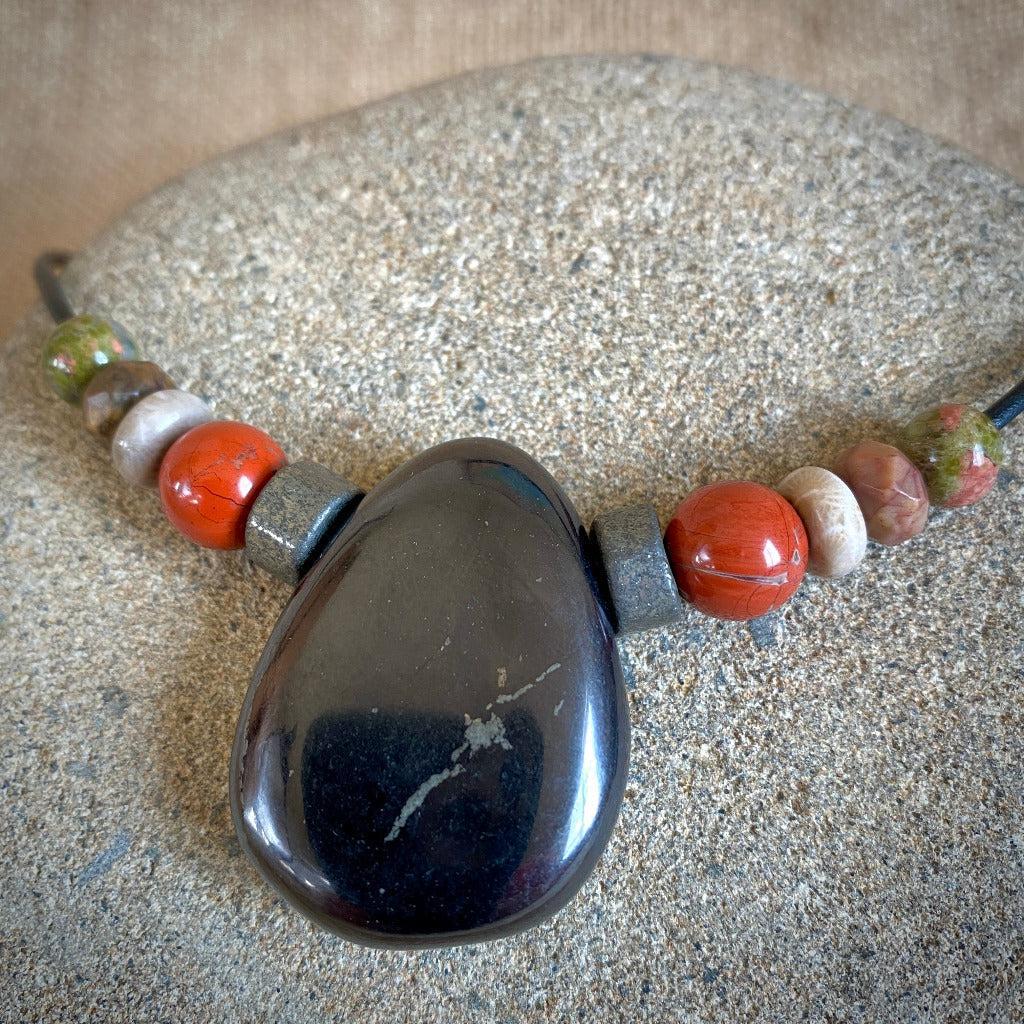 Shungite Medallion Necklace, Pyrite, Jasper, Fossilized Coral, Unakite