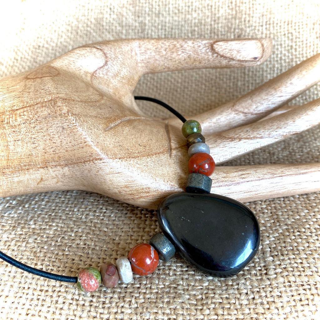 Shungite Medallion Necklace, Pyrite, Jasper, Fossilized Coral, Unakite