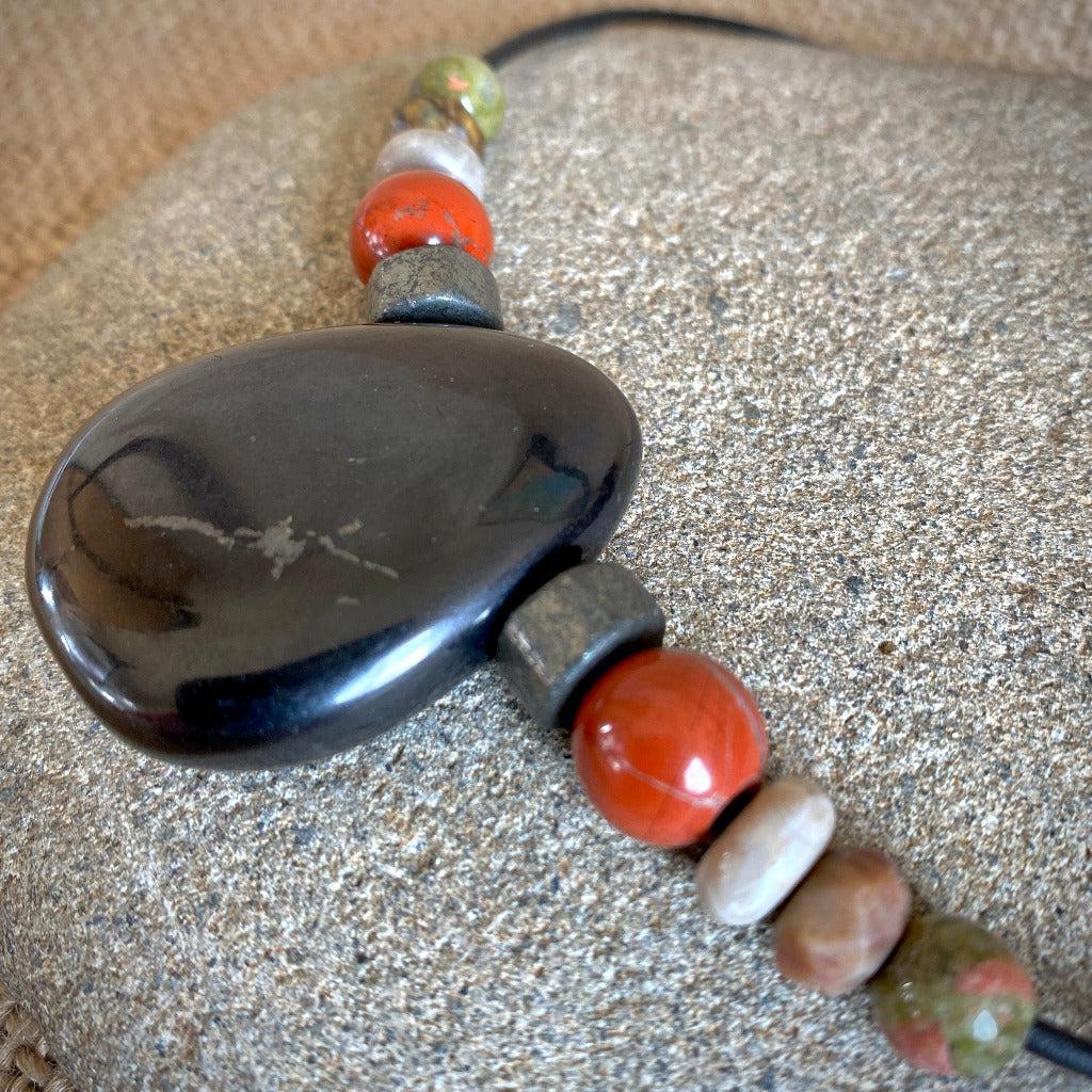 Shungite Medallion Necklace, Pyrite, Jasper, Fossilized Coral, Unakite