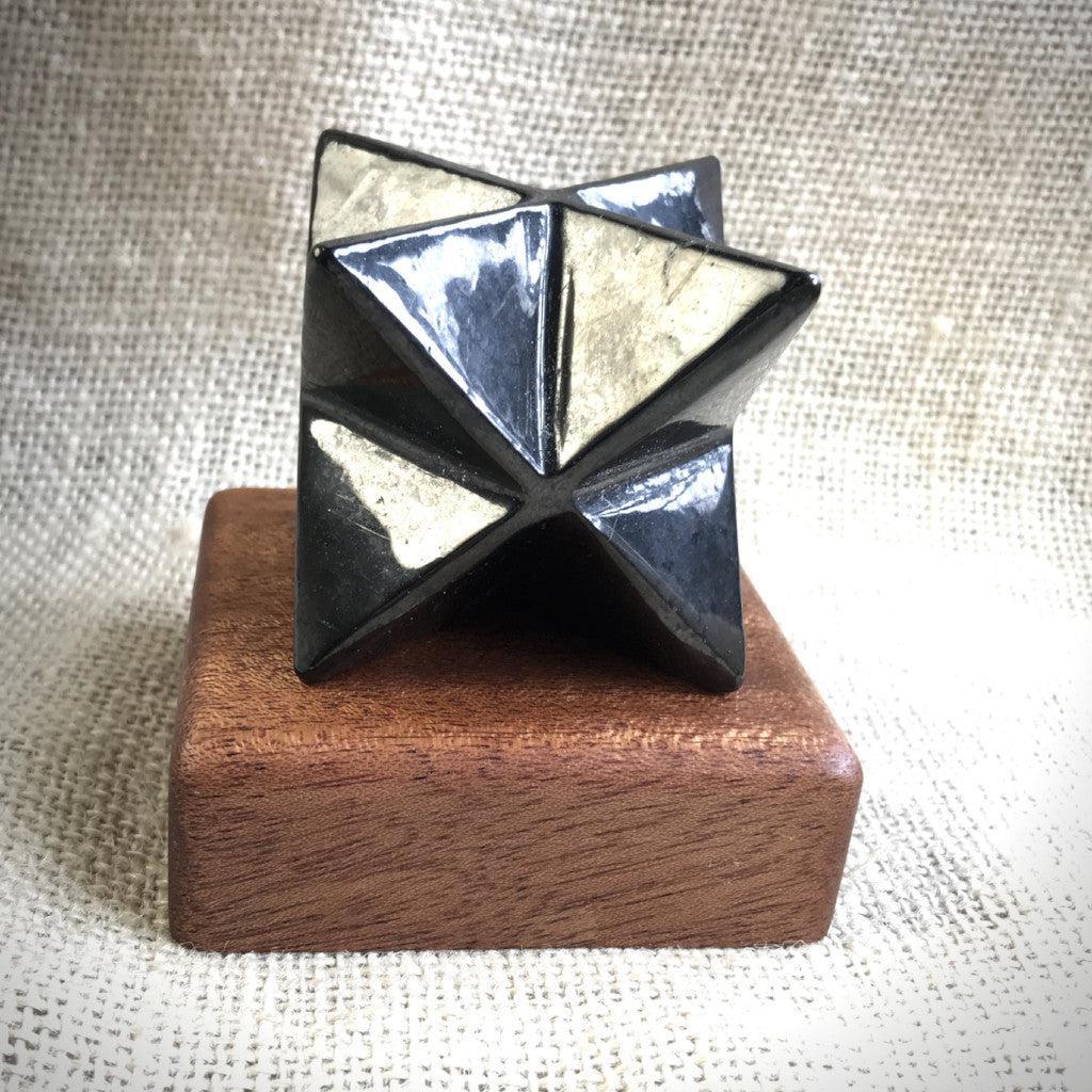 Shungite Merkaba, 50 mm, Hand Carved, Custom Mahogany Stand - Shungite Queen