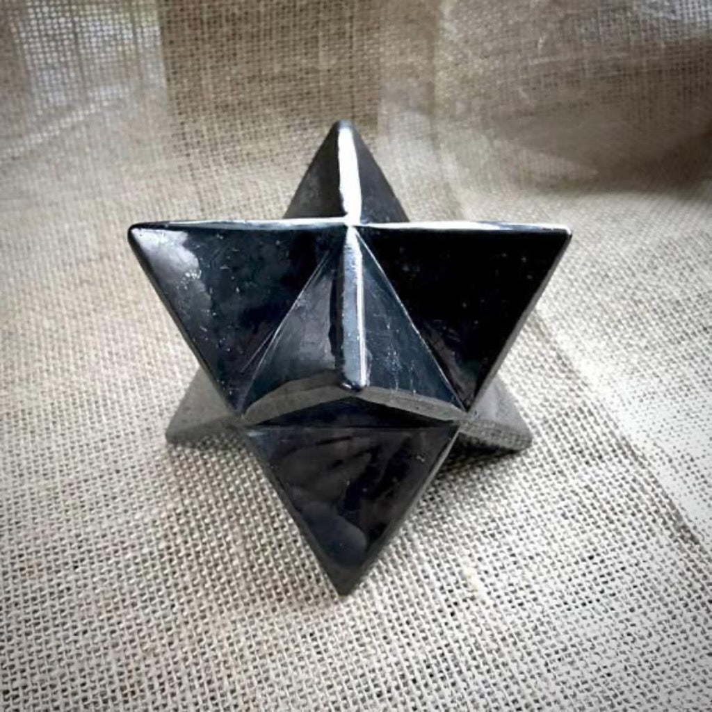 Shungite Merkaba, 50 mm, Hand Carved, Custom Mahogany Stand - Shungite Queen