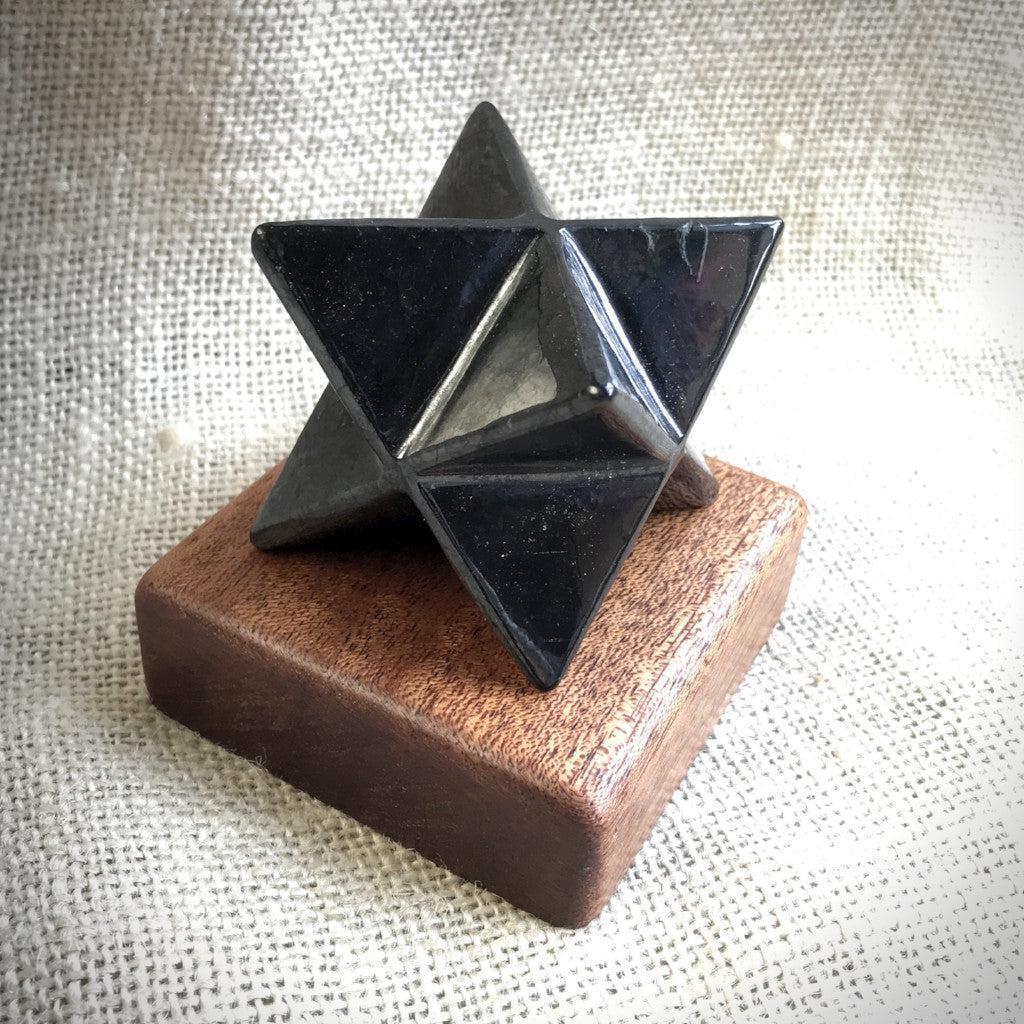 Shungite Merkaba, 50 mm, Hand Carved, Custom Mahogany Stand - Shungite Queen