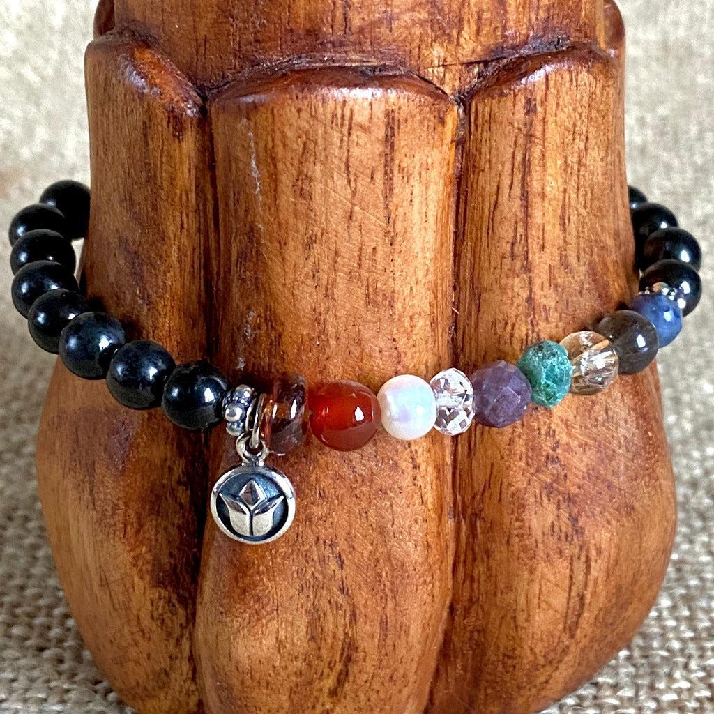 Shungite Navaratna Bracelet | 9 Astrological Gemstones & Lotus Charm