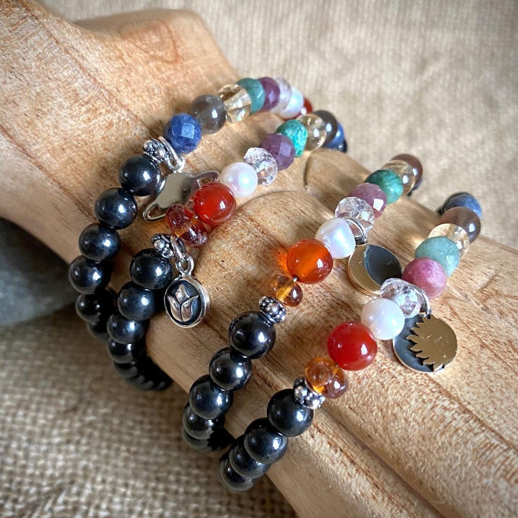 Shungite Navaratna Bracelet | 9 Astrological Gemstones & Lotus Charm