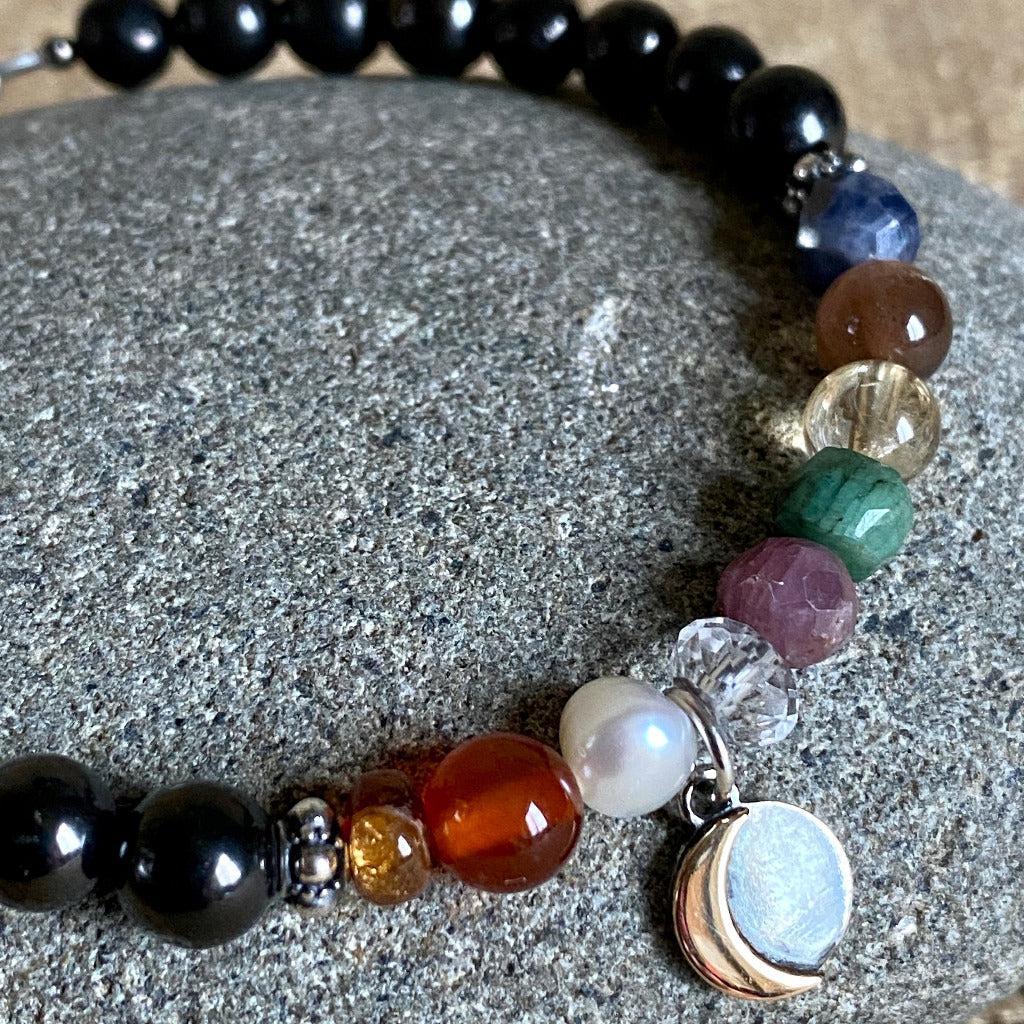 Shungite Navaratna Bracelet | 9 Astrological Gemstones & Moon Charm