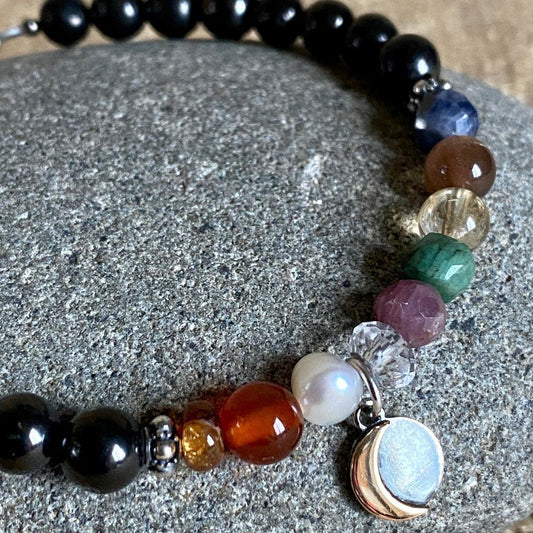Shungite Navaratna Bracelet | 9 Astrological Gemstones & Moon Charm