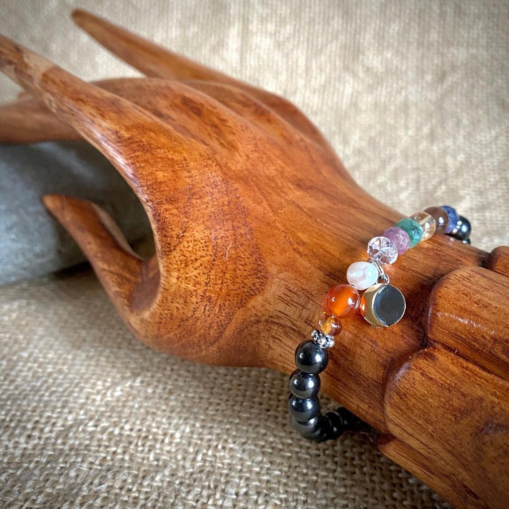 Shungite Navaratna Bracelet | 9 Astrological Gemstones & Moon Charm