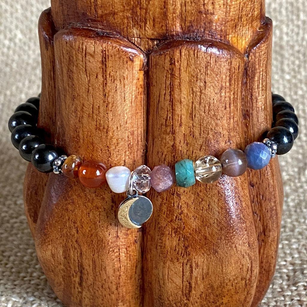 Shungite Navaratna Bracelet | 9 Astrological Gemstones & Moon Charm