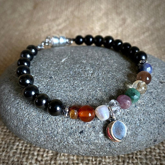 Shungite Navaratna Bracelet | 9 Astrological Gemstones & Moon Charm