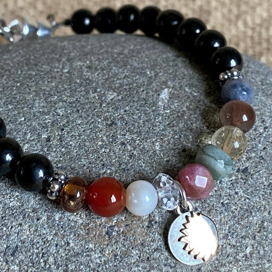 Shungite Navaratna Bracelet | 9 Astrological Gemstones & Sun Charm