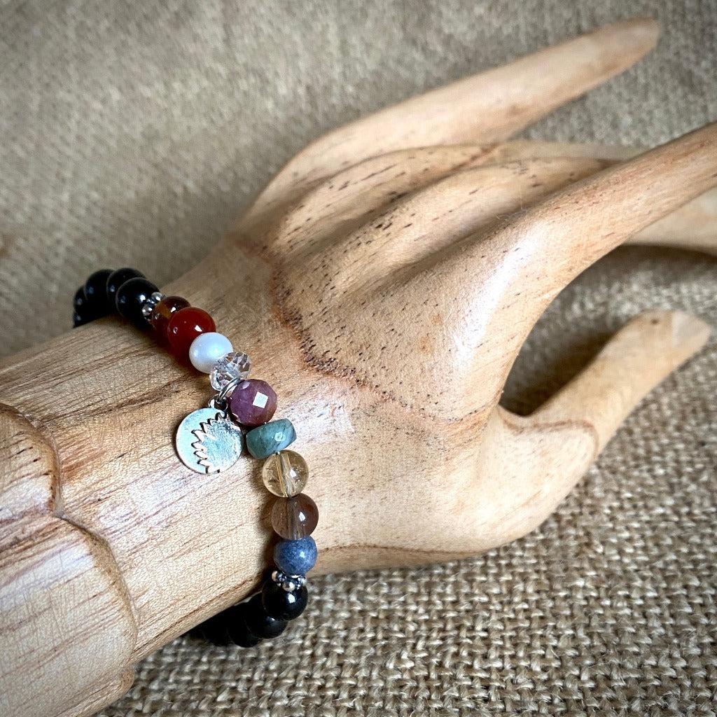 Shungite Navaratna Bracelet | 9 Astrological Gemstones & Sun Charm