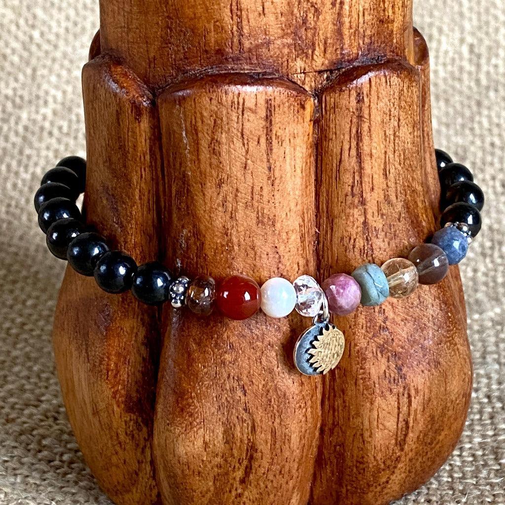 Shungite Navaratna Bracelet | 9 Astrological Gemstones & Sun Charm