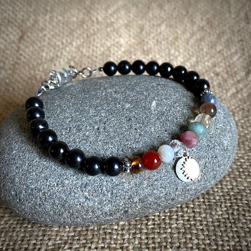 Shungite Navaratna Bracelet | 9 Astrological Gemstones & Sun Charm