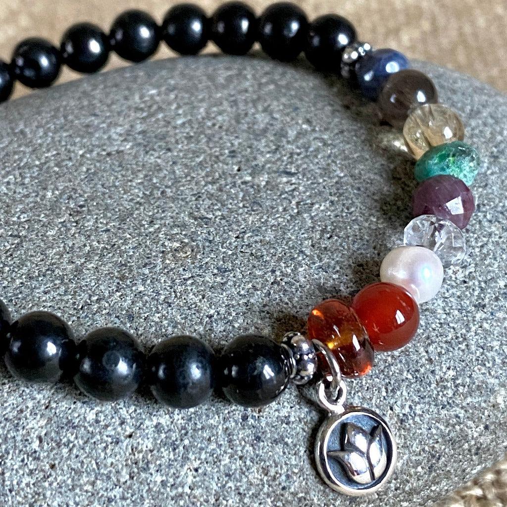 Shungite Navaratna Bracelet, 9 Astrological Gemstones, Lotus Charm