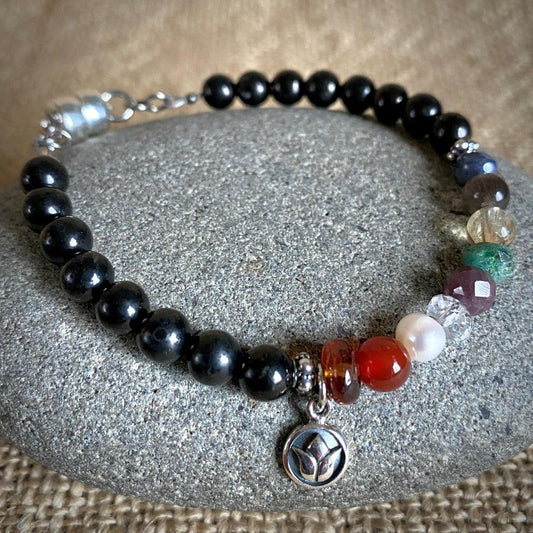 Shungite Navaratna Bracelet, 9 Astrological Gemstones, Lotus Charm