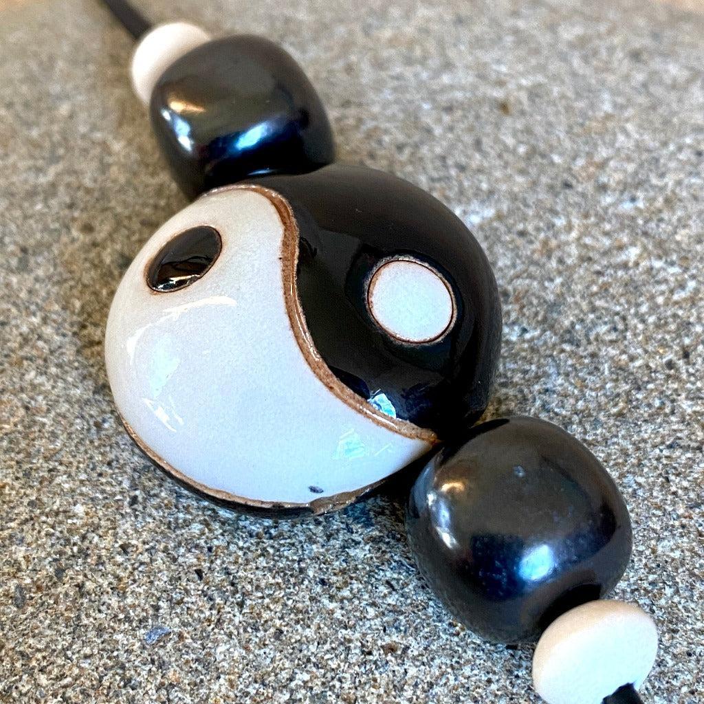 Shungite Necklace w/Yin Yang Stoneware Lentil Bead & White Wood Bead