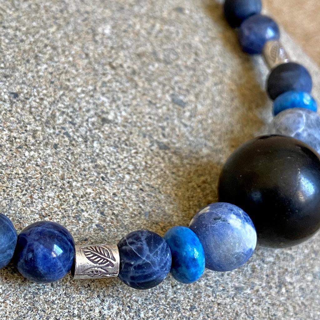 Shungite Round Bead Necklace, Sodalite, Denim Lapis, Sterling Silver