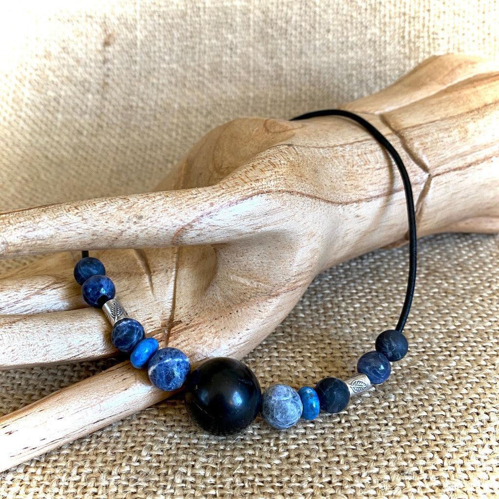 Shungite Round Bead Necklace, Sodalite, Denim Lapis, Sterling Silver