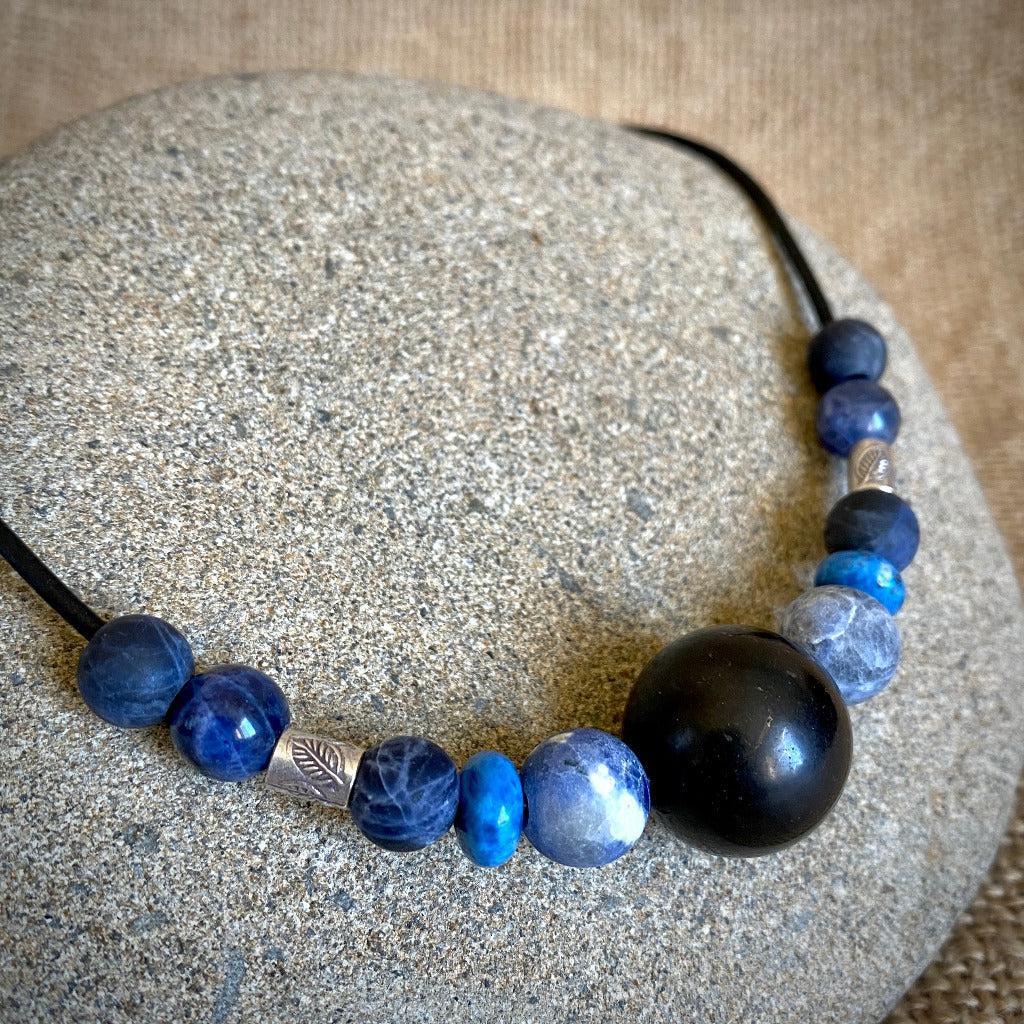 Shungite Round Bead Necklace, Sodalite, Denim Lapis, Sterling Silver