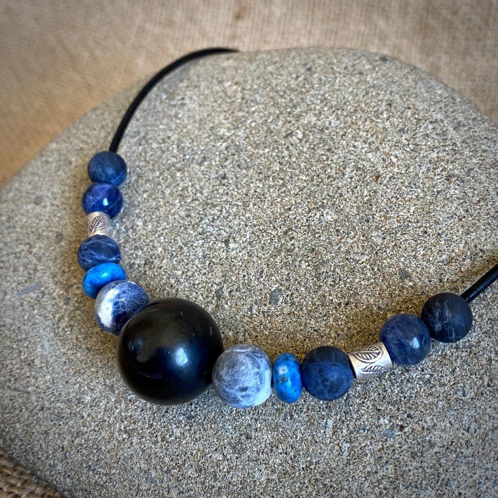 Shungite Round Bead Necklace, Sodalite, Denim Lapis, Sterling Silver