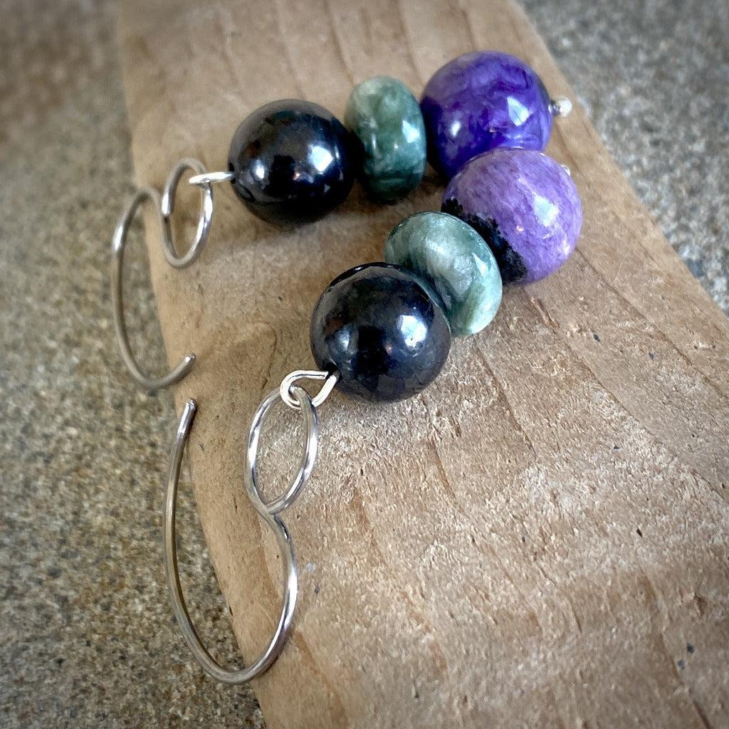 Shungite, Seraphinite, Charoite Earrings Silver, Russian Trio