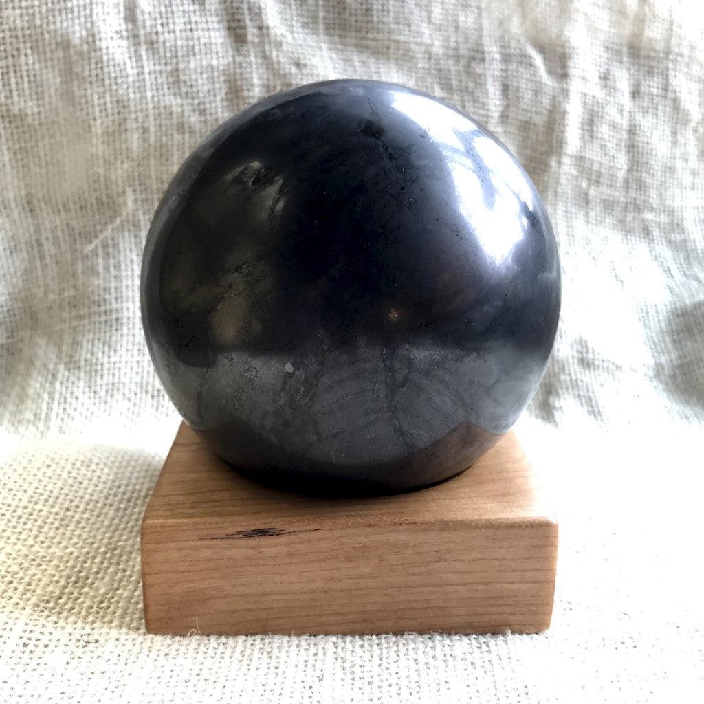 Shungite Sphere, 100mm, 4 Inch, Custom Wood Stand - Shungite Queen 