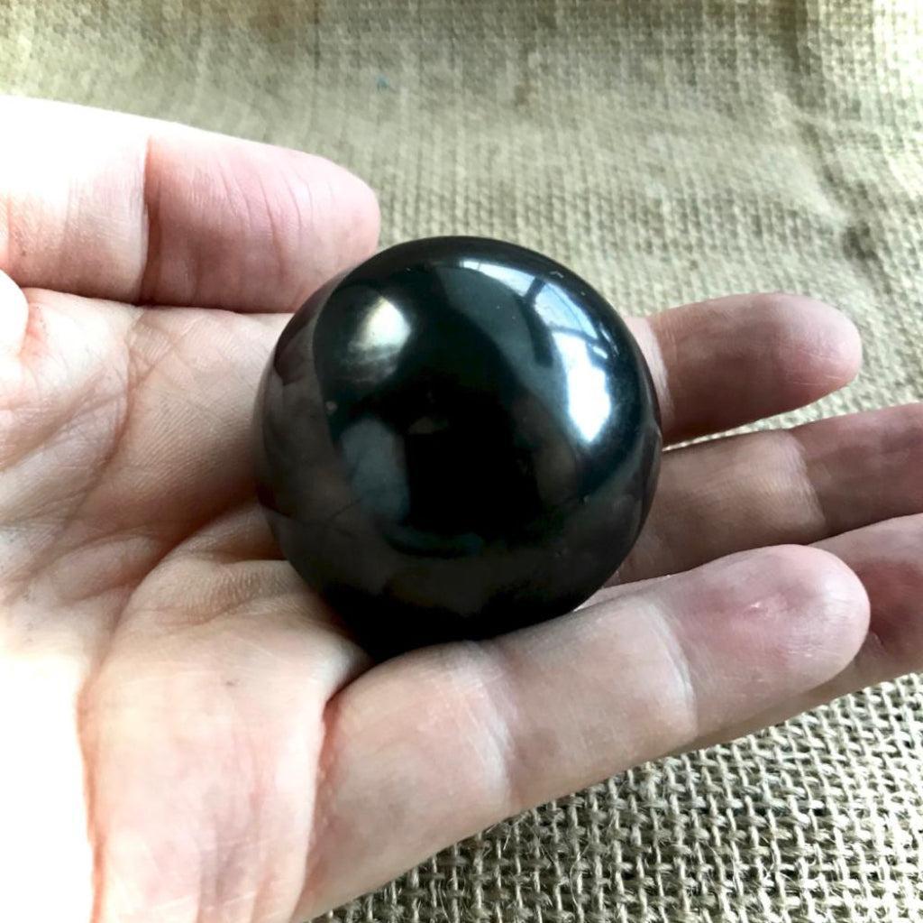 Shungite Sphere, 2 Inches, on Custom Mahogany Wood Stand