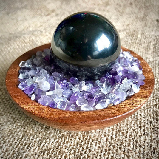 Shungite Sphere on Bed of Tumbled Amethyst in Custom Wood Bowl, EMF - Shungite Queen