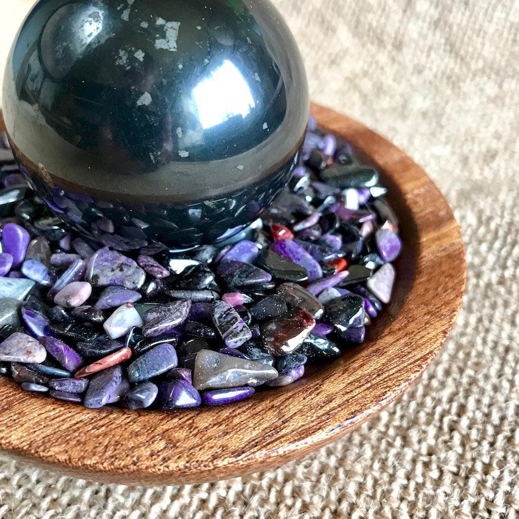 Shungite Sphere on Micro Tumbled Sugilite in Custom Wood Bowl - Shungite Queen