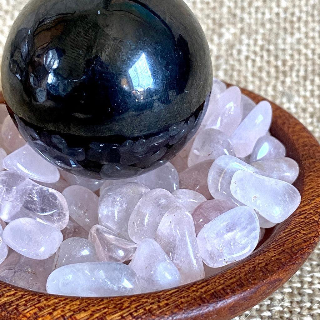 Shungite Sphere on Tumbled Rose Quartz in Custom Mahogany Bowl