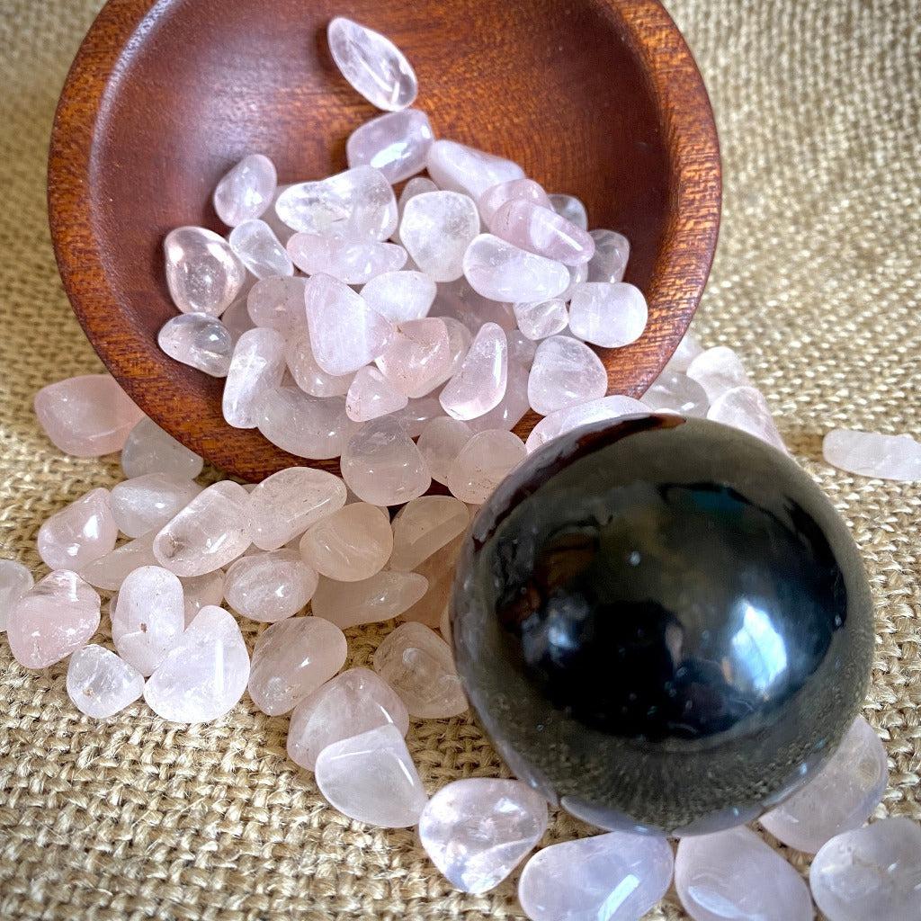 Shungite Sphere on Tumbled Rose Quartz in Custom Mahogany Bowl