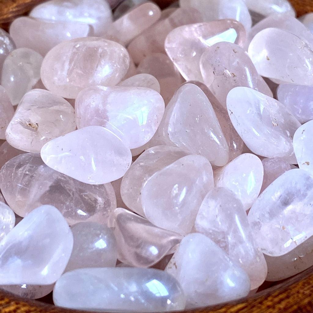 Shungite Sphere on Tumbled Rose Quartz in Custom Mahogany Bowl