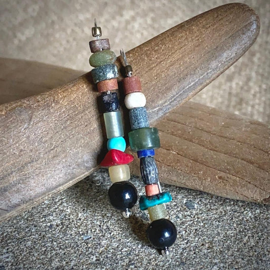 Shungite Threader Earrings with Tiny African Recycled Glass Beads