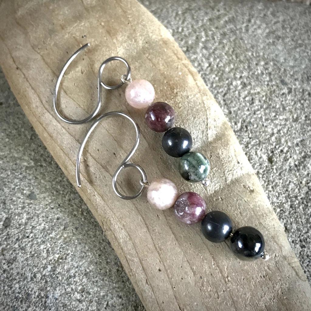 Shungite, Tourmaline, & Peach Moonstone Earrings, Emotional Balance - Shungite Queen