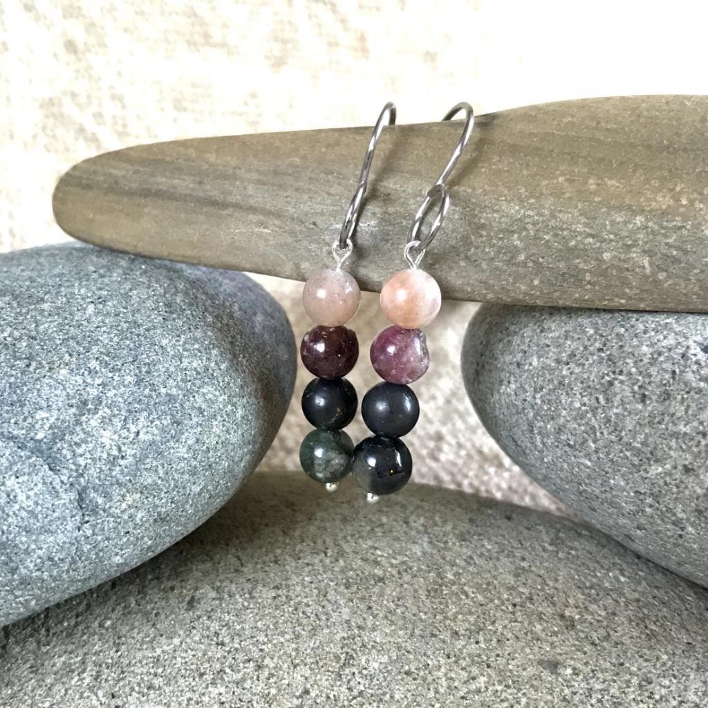 Shungite, Tourmaline, & Peach Moonstone Earrings, Emotional Balance - Shungite Queen