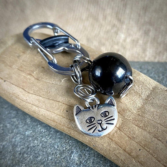 Shungite Bead Cat Collar Charm | Silver Kitty Face, Carabiner Clip