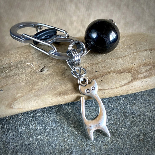 Shungite Bead Cat Collar Charm | Sleek Silver Kitty, Carabiner Clip