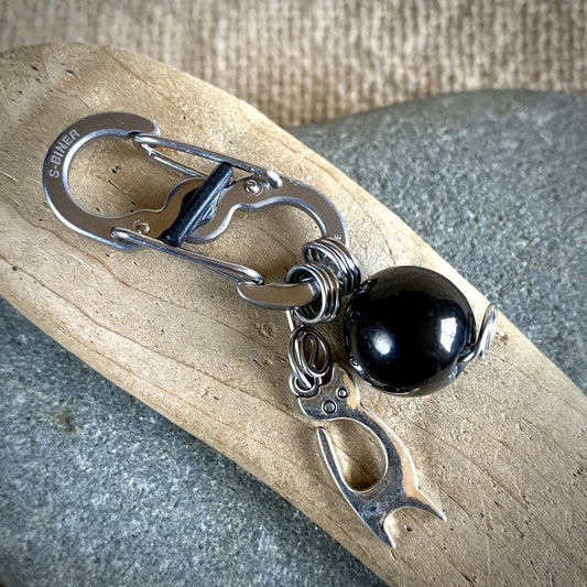 Shungite Bead Cat Collar Charm | Sleek Silver Kitty, Carabiner Clip 2