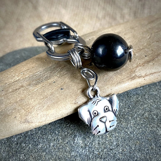 Shungite Bead Dog Collar Charm | Silver Puppy Face, Carabiner Clip
