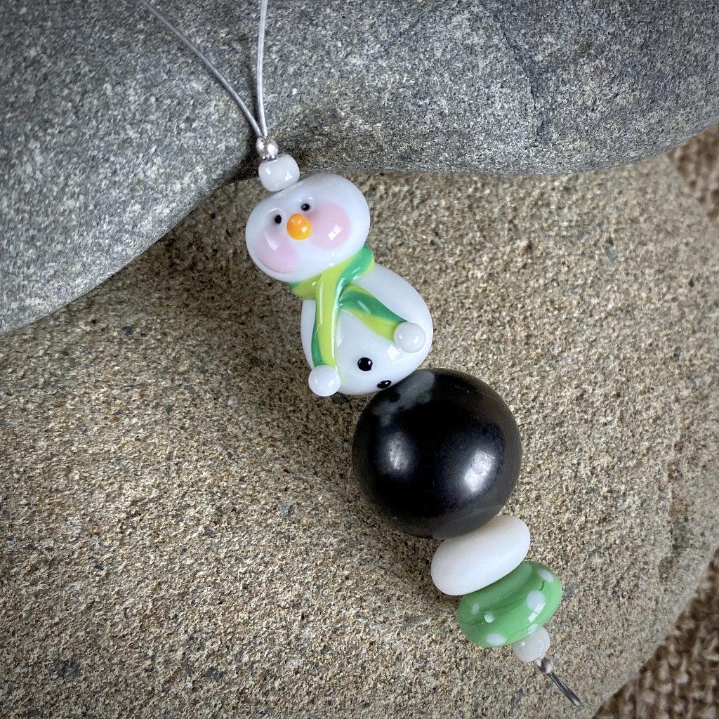 Snowman w/Green Scarf & Rosy Cheeks, Genuine Shungite Ornament - Shungite Queen