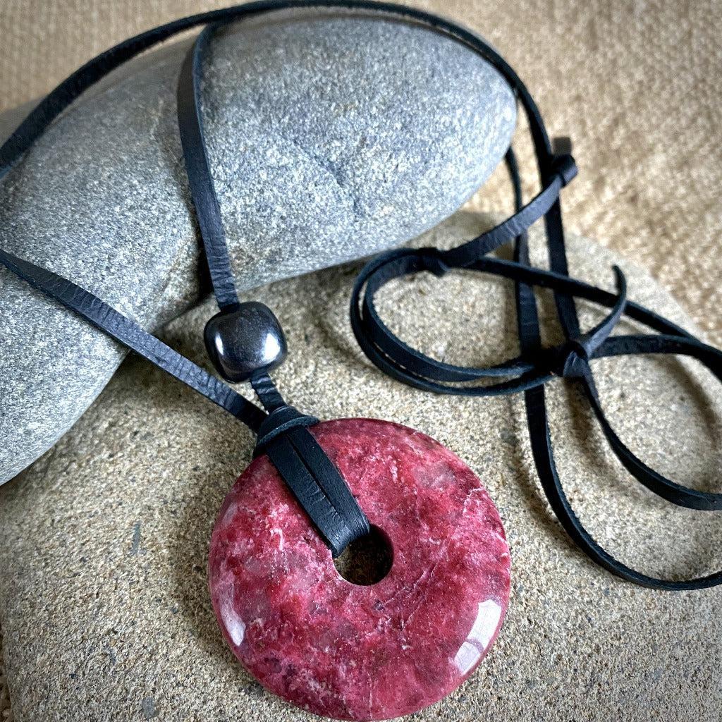 Thulite Donut Pendant Plus Shungite, Necklace, Godsend for Introverts