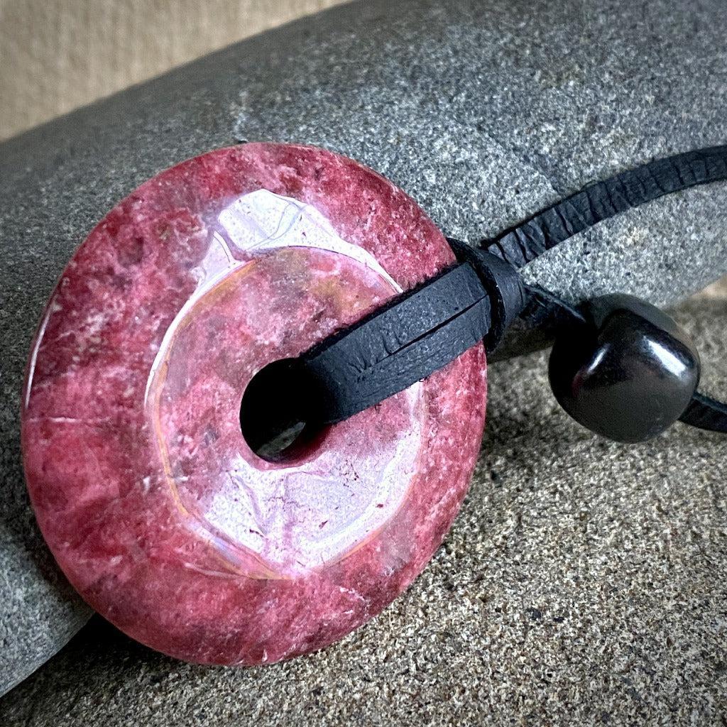 Thulite Donut Pendant Plus Shungite, Necklace, Godsend for Introverts